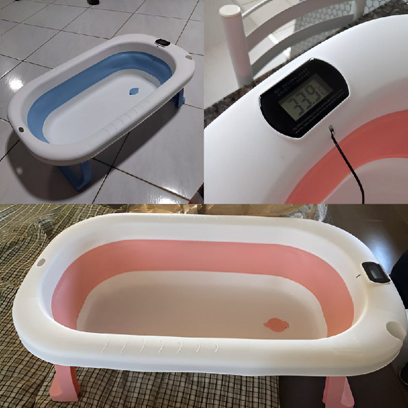 Banheira Retrátil Dobrável Silicone De Bebe Com Termometro digital Azul ou Rosa