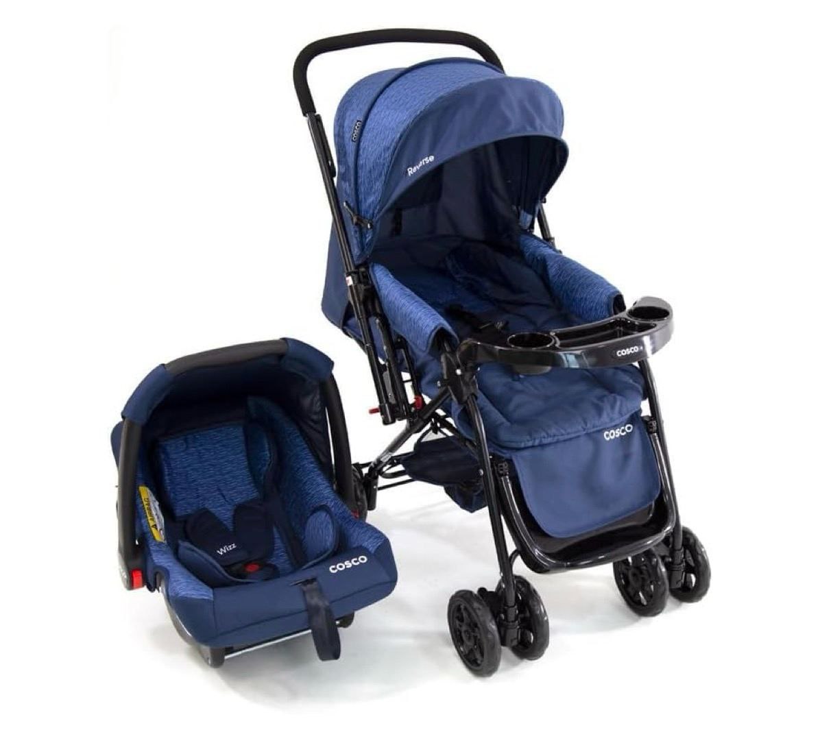 Carrinho Travel System Reverse + Bebê Conforto Cosco, Azul Rajado
