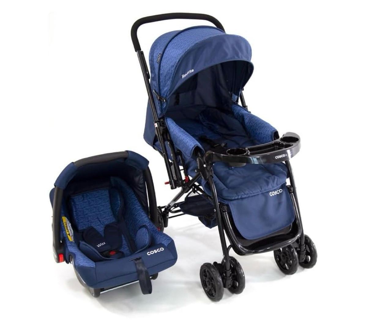 Carrinho Travel System Reverse + Bebê Conforto Cosco, Azul Rajado