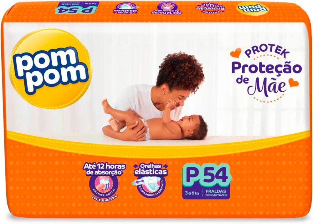 Fralda Pom Pom Protek Proteção de Mãe Mega P com 54 Unidades