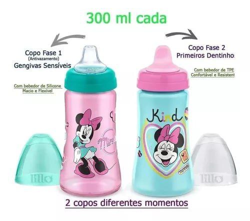 Kit 2 Copos Colors Bico De Silicone Disney Minnie Rosa Lillo 300ml cada