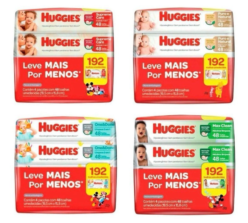 Kit Lenço Umedecido Huggies 192 unidades (4 pacotinhos com 48 unidades cada)