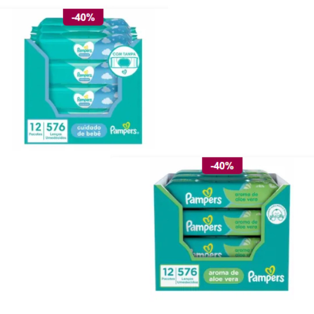 Kit Lenço Umedecido para Limpeza Pampers - Cuidado de Bebê ou Aloe Vera - 12 Pacotes