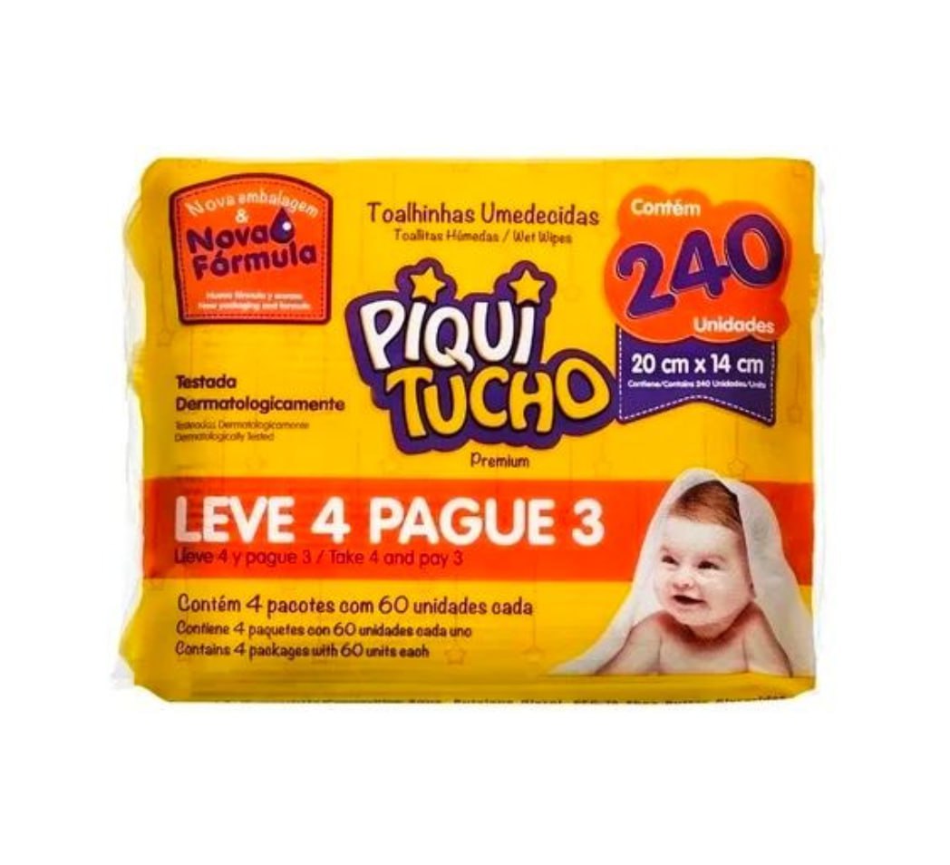 Lenço Umedecido Piquitucho Premium 240 unidades (4 pacotinhos com 60un cada)