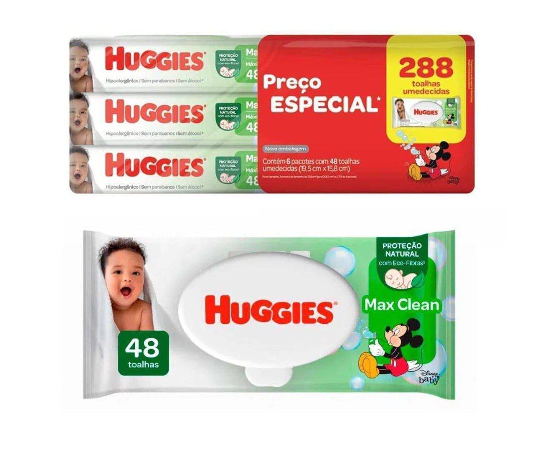 Lenços Umedecidos Huggies Max Clean 288 lenços (6 pacotes com 48 unidades cada)