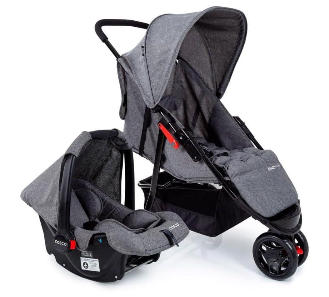 Carrinho + Bebê conforto Travel System Toffy Cinza Mescla Cosco