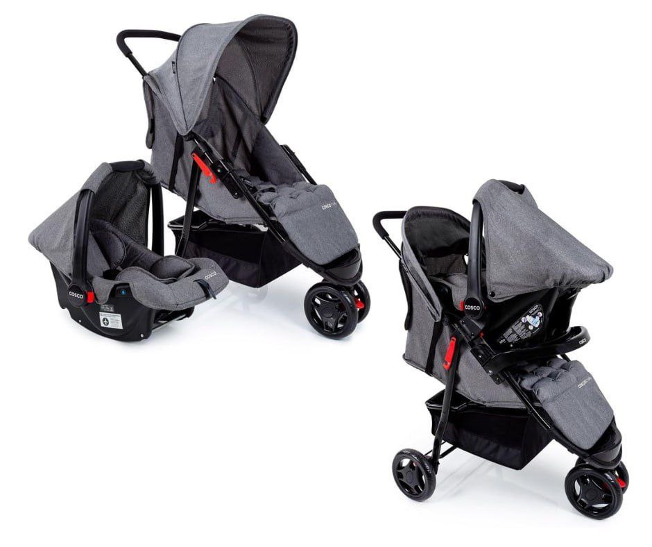 Carrinho + Bebê conforto Travel System Toffy Cinza Mescla Cosco