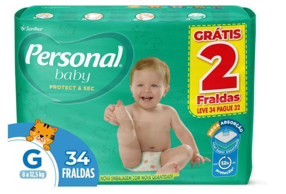 Fralda Infantil Personal Baby Protect e Sec G Mega 9x34pads Leve 34 pague 32 Unidades
