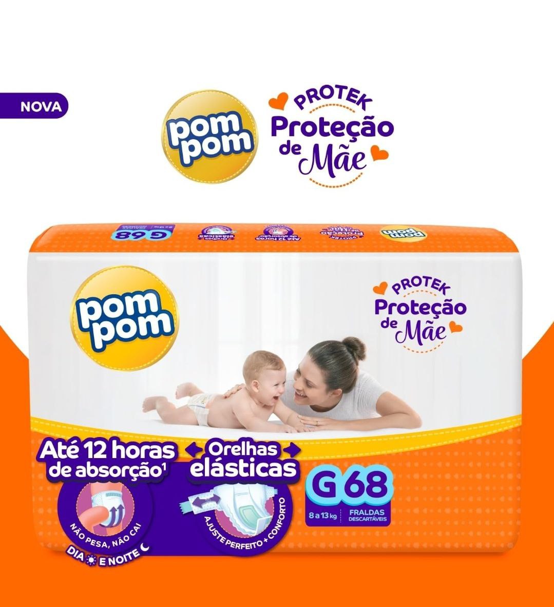 Fralda Pom Pom Protek Proteção de Mãe Hiper G 68 Unidades