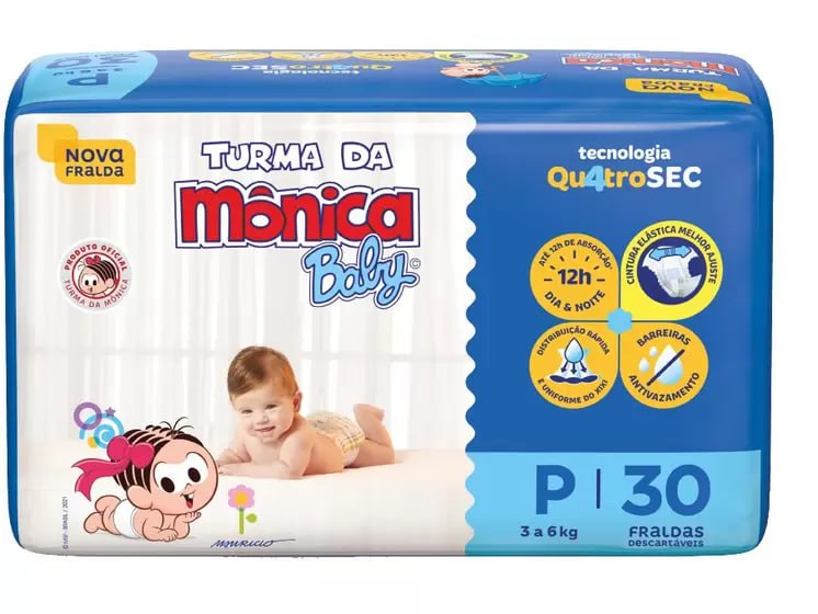 Fralda Turma da Mônica Baby Tam. P 3 a 6kg - 30 Unidades