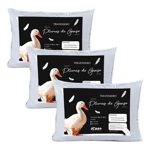 Kit 3 Travesseiros Penas e Plumas De Ganso 70x50 Antialérgico Antiácaro