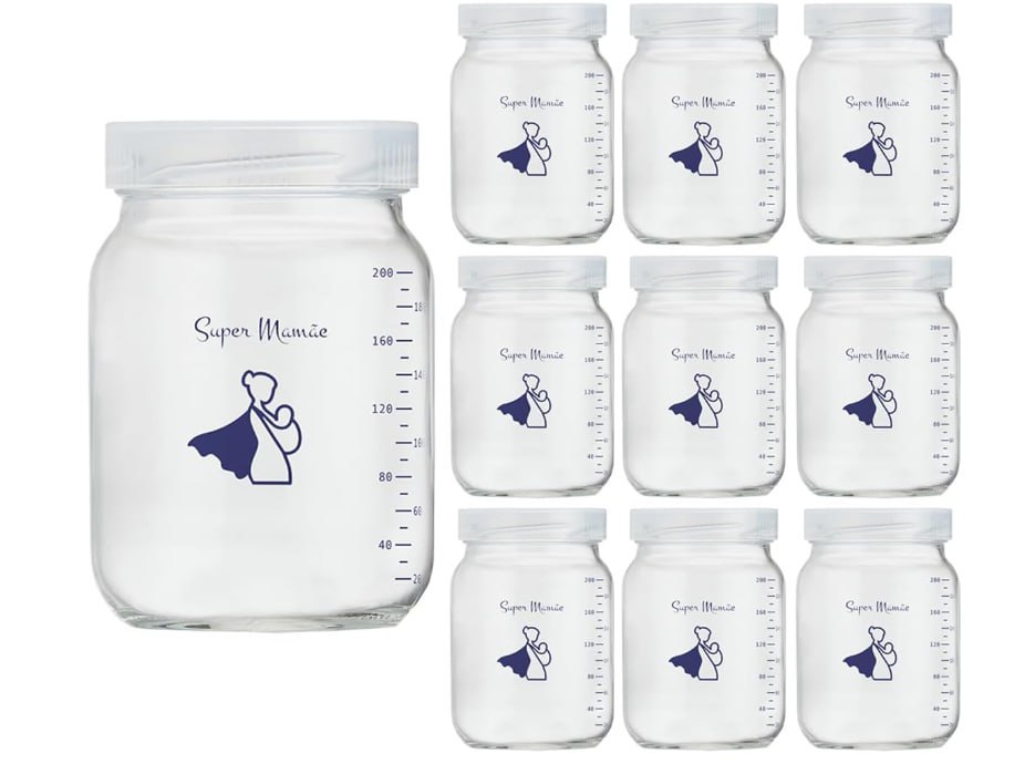 Kit com 10 Potes de Vidro para Armazenar Leite Materno 200ml Com Graduação