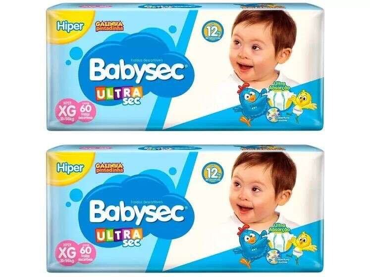 Kit Fraldas Babysec Ultrasec Galinha Pintadinha XG - 2 pacotes com 60 cada