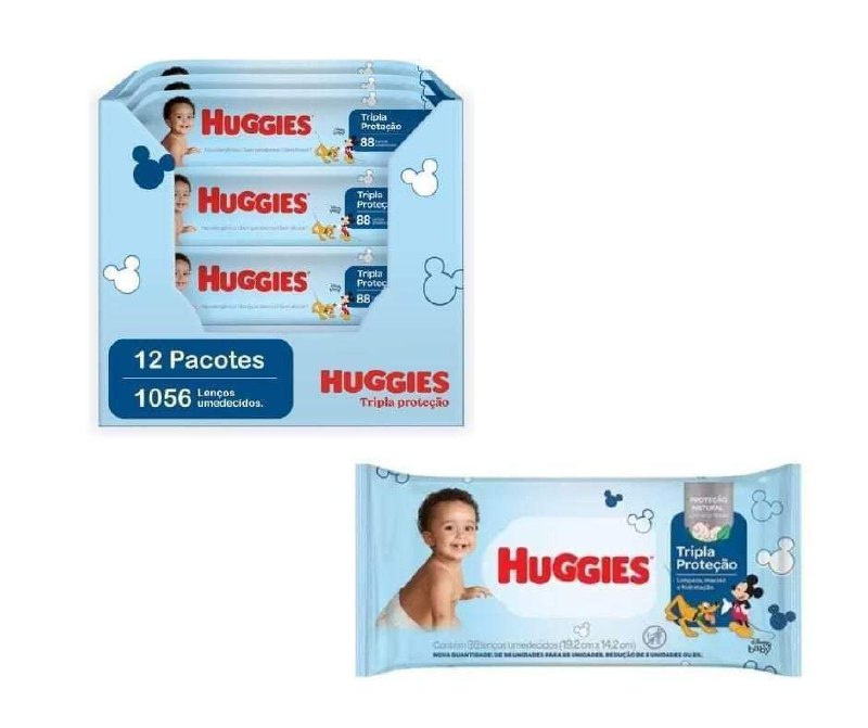 Kit Huggies Lenço Umedecido Tripla Proteção Regular 1056 unidades (12 PACOTES COM 88 UNIDADES CADA)