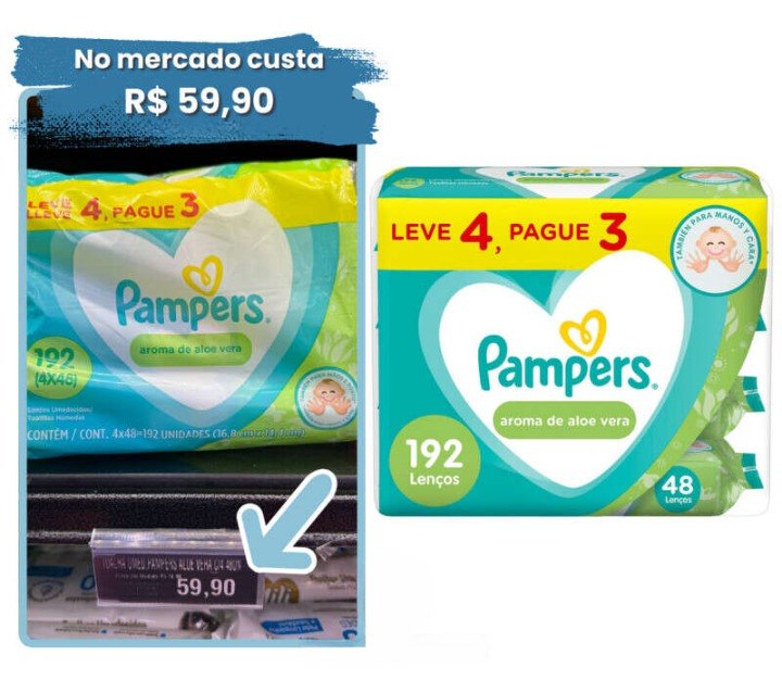 Kit Lenço Umedecido Pampers Aroma de Aloe Vera - 4 Pacotes com 48 Unidades Cada