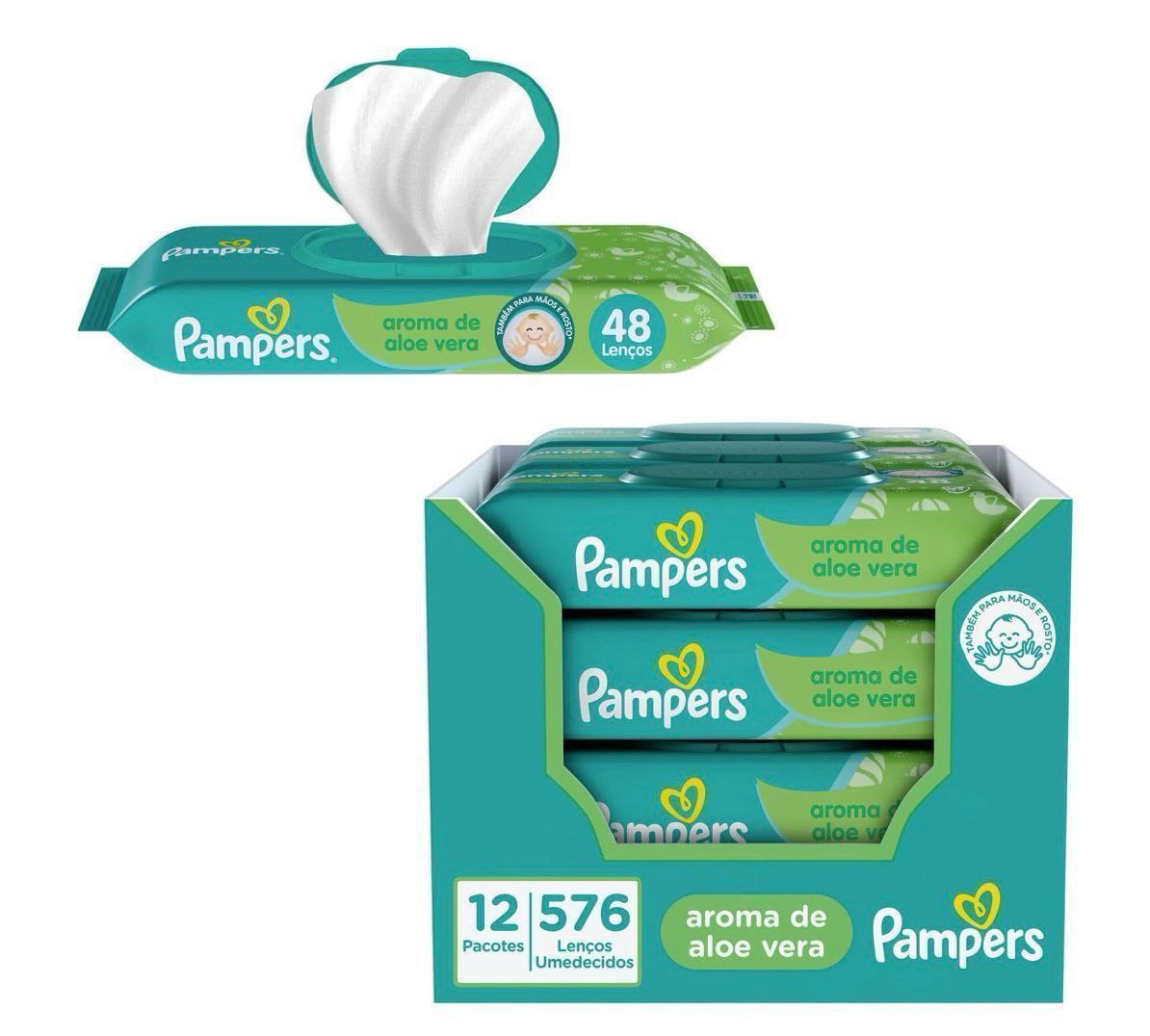 Kit Lenços Umedecidos Pampers Aloe Vera - 576 Unidades (12 pacotes com 48 unidades cada)