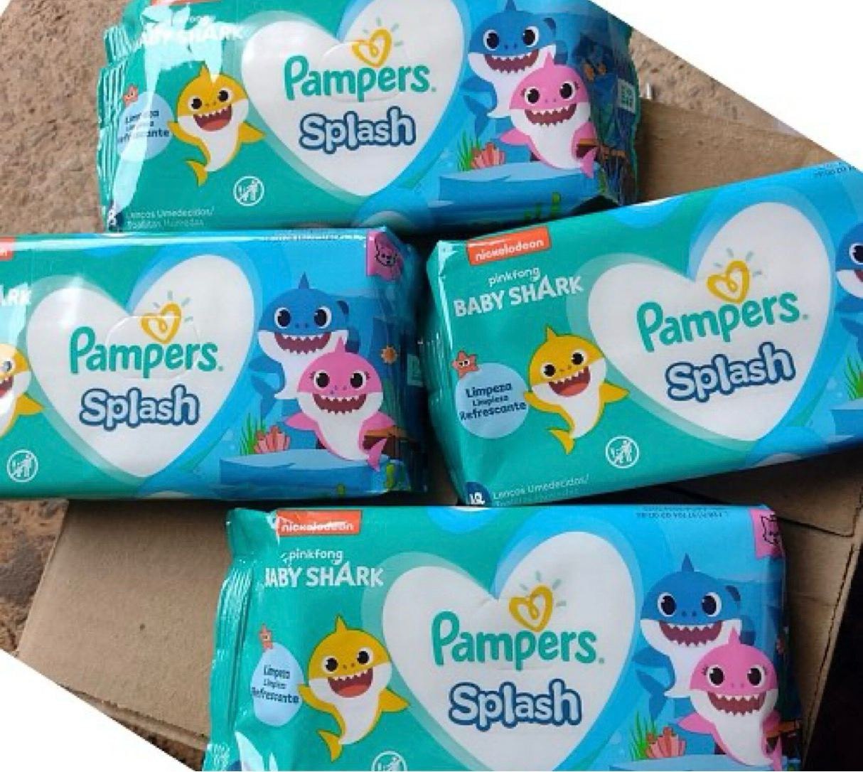 Kit Lenços Umedecidos Pampers Splash Baby Shark 4 Pacotes com 48 unidades cada