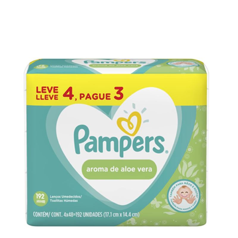 Lenços Umedecidos Pampers, Aroma de Aloe Vera - Pack 192 unidades(4×48),
