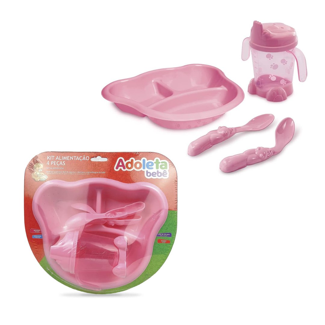 Adoleta Bebê Kit Alimentação Prato Com Divisórias Porta-Suco E Colheres Rosa