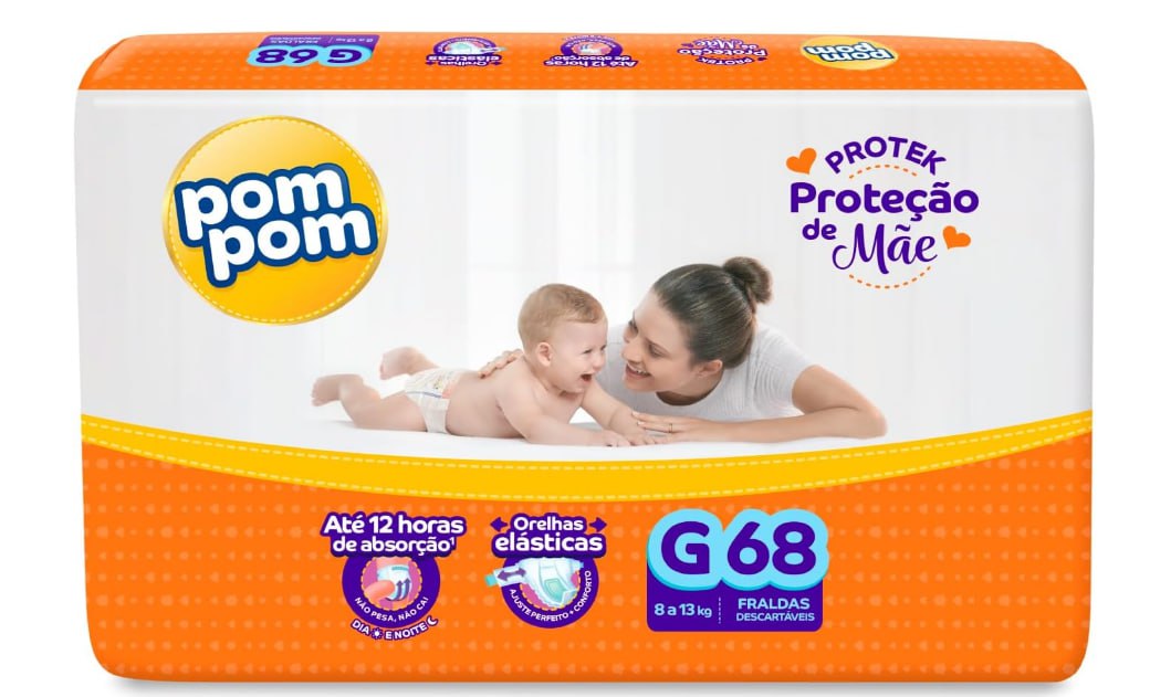 Fralda Pom Pom Protek Proteção de Mãe Hiper G 68 Unidades