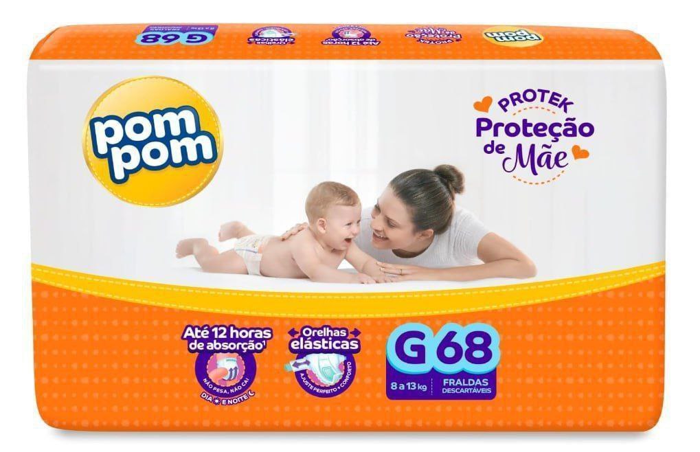 Fralda Pom Pom Protek Proteção de Mãe Hiper G 68 Unidades