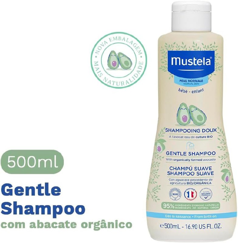 Gentle Shampoo, Suave e Não Arde os Olhos, Mustela Bebê, Azul, Médio/500 ml