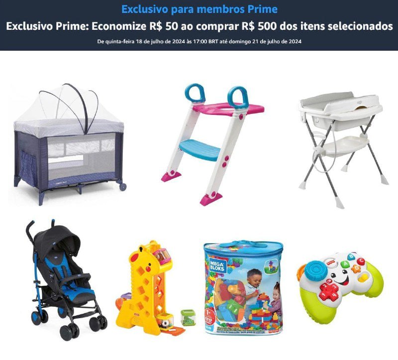 Itens infantis com desconto extra de R$50 off comprando acima de R$ 500
