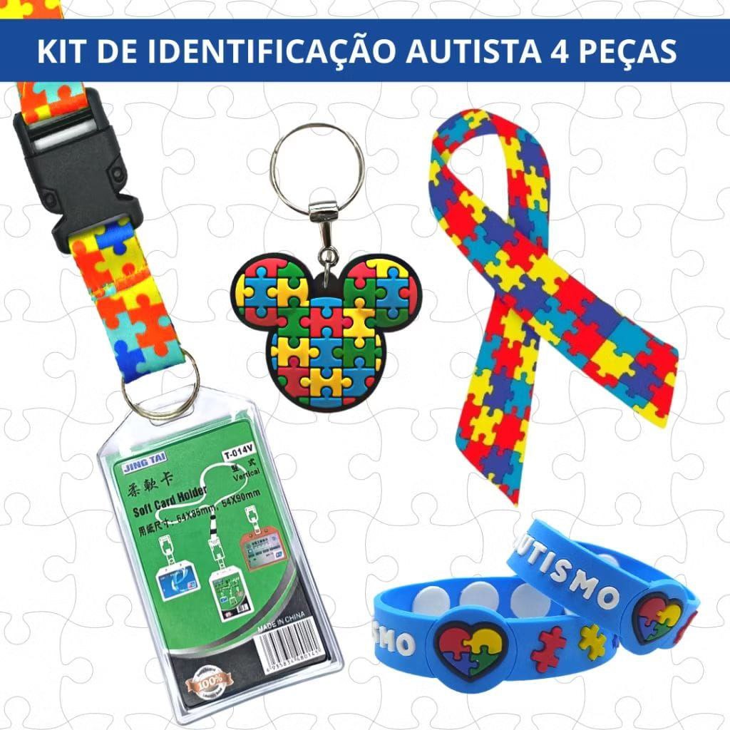 Kit 04 Peças Identificação Autismo Azul Cordão Com Porta Crachá Pulseira Chaveiro Adesivo Laço Autista