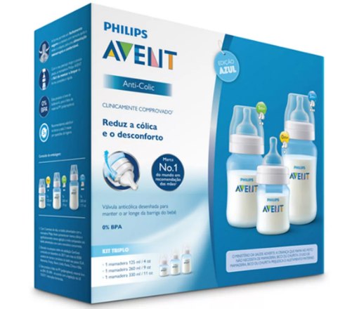 Kit 3 Mamadeiras Clássica Anticólica 125/260/330ml Azul Philips Avent