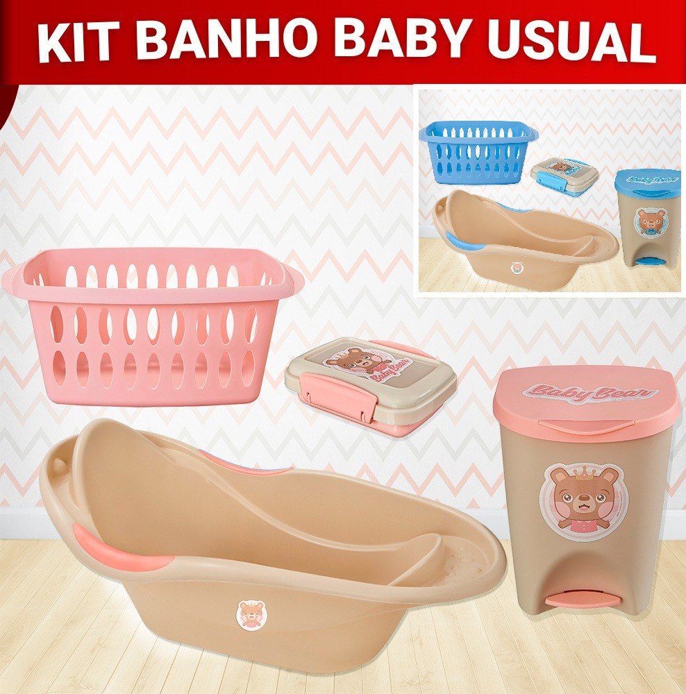Kit Banho Infantil Completo Banheira Cesto Lixeira c/ Tampa e Pedal Saboneteira c/ Trava Bebê