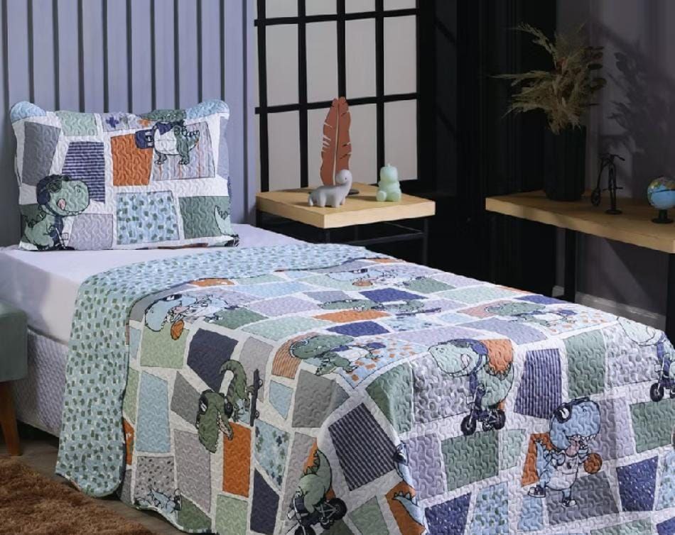 Kit Colcha Cobre Leito Solteiro 2 Peças  Dupla Face Porta Travesseiro Estampado Infantil Kids Menino Menina