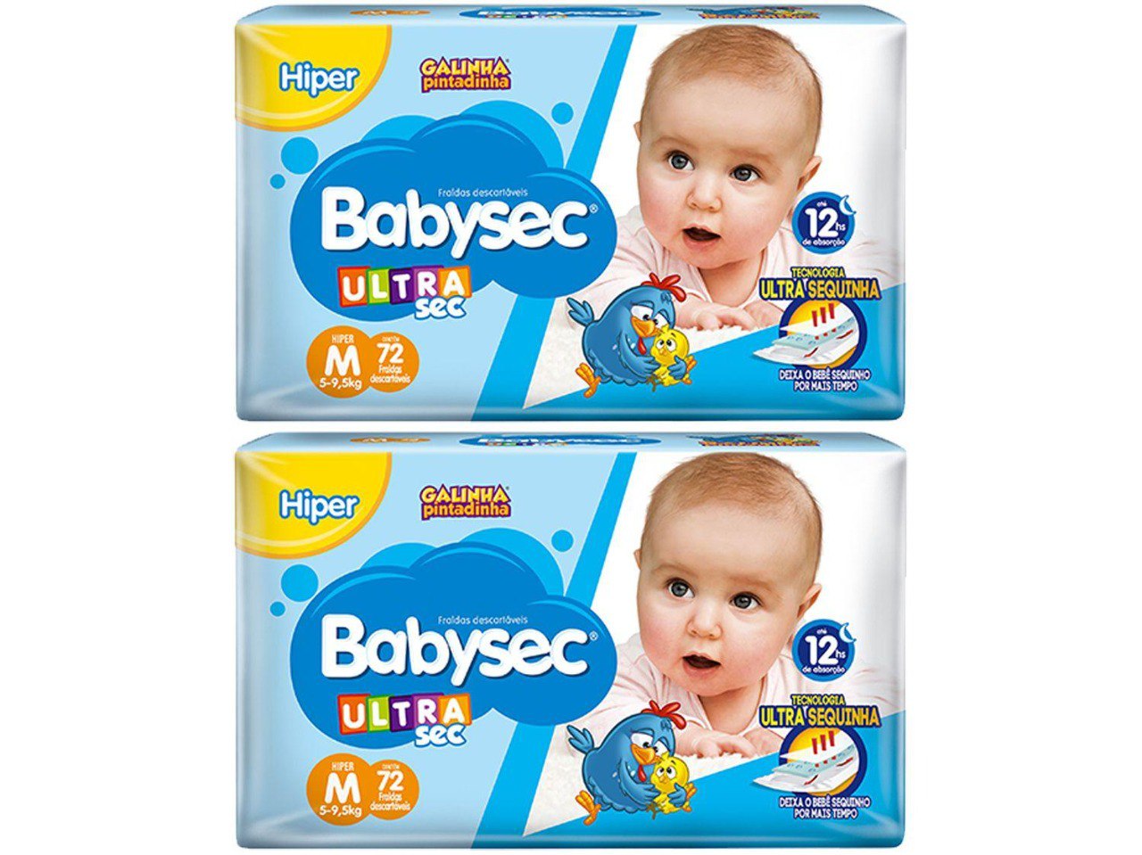 Kit Fraldas Babysec Ultrasec Galinha Pintadinha M - 2 pacotes com 72 cada