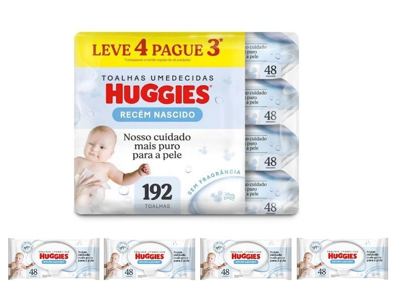 Kit Lenço Umedecido Huggies Recém Nascido Disney Baby Hipoalergênico Sem Fragrância 48 unidades 4 pacotes