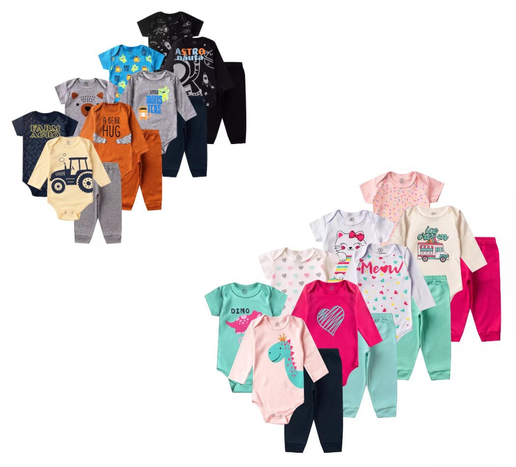 Kit Roupa de bebê em algodão 12 peças (RN ao G)