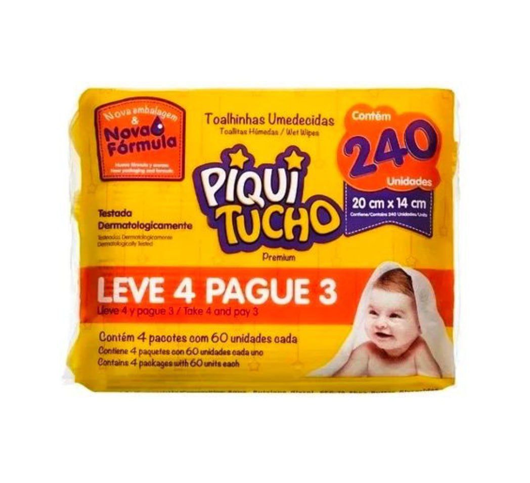 Lenço Umedecido Piquitucho Premium 240 unidades (4 pacotinhos com 60un cada)