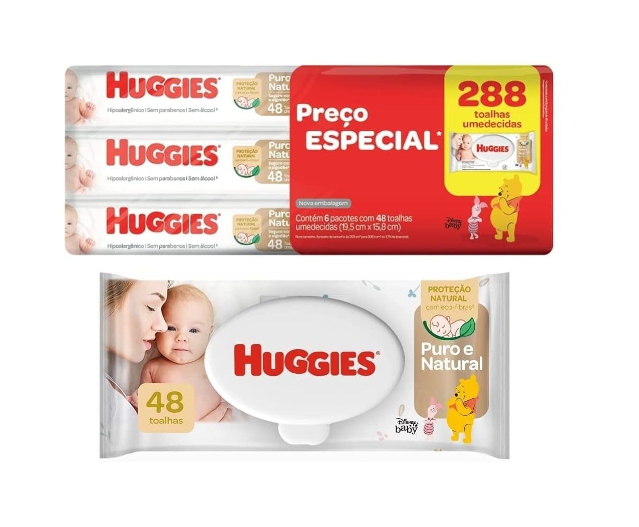 Lenços Umedecidos Huggies Puro e Natural - 6 pacotes com 48 unidades cada