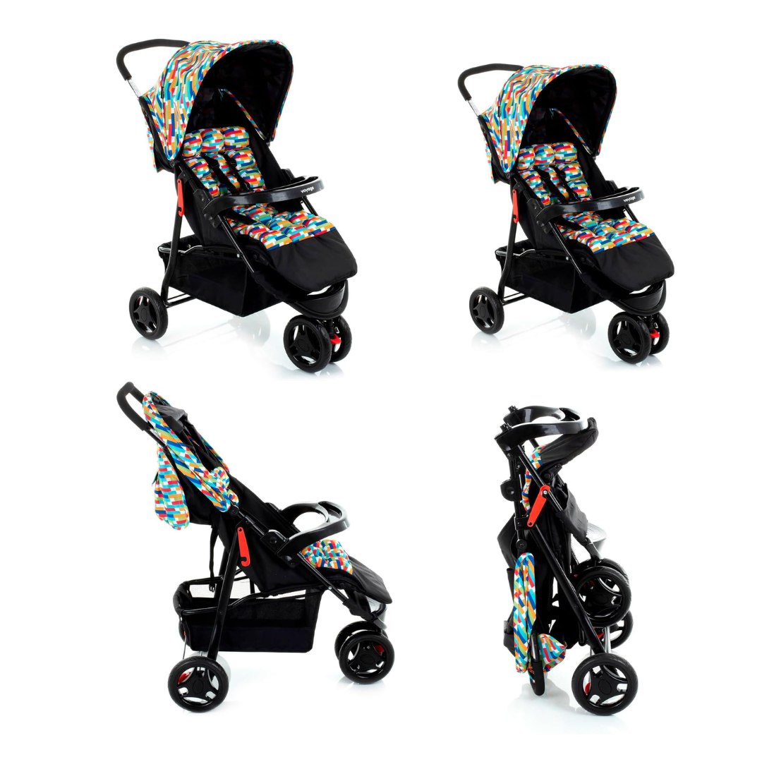 Voyage Carrinho Delta Colore, Cinto 5 Pontos, Cesto Porta Objetos, Capota Retrátil com Bolso (Até 15kgs), Multicolorido