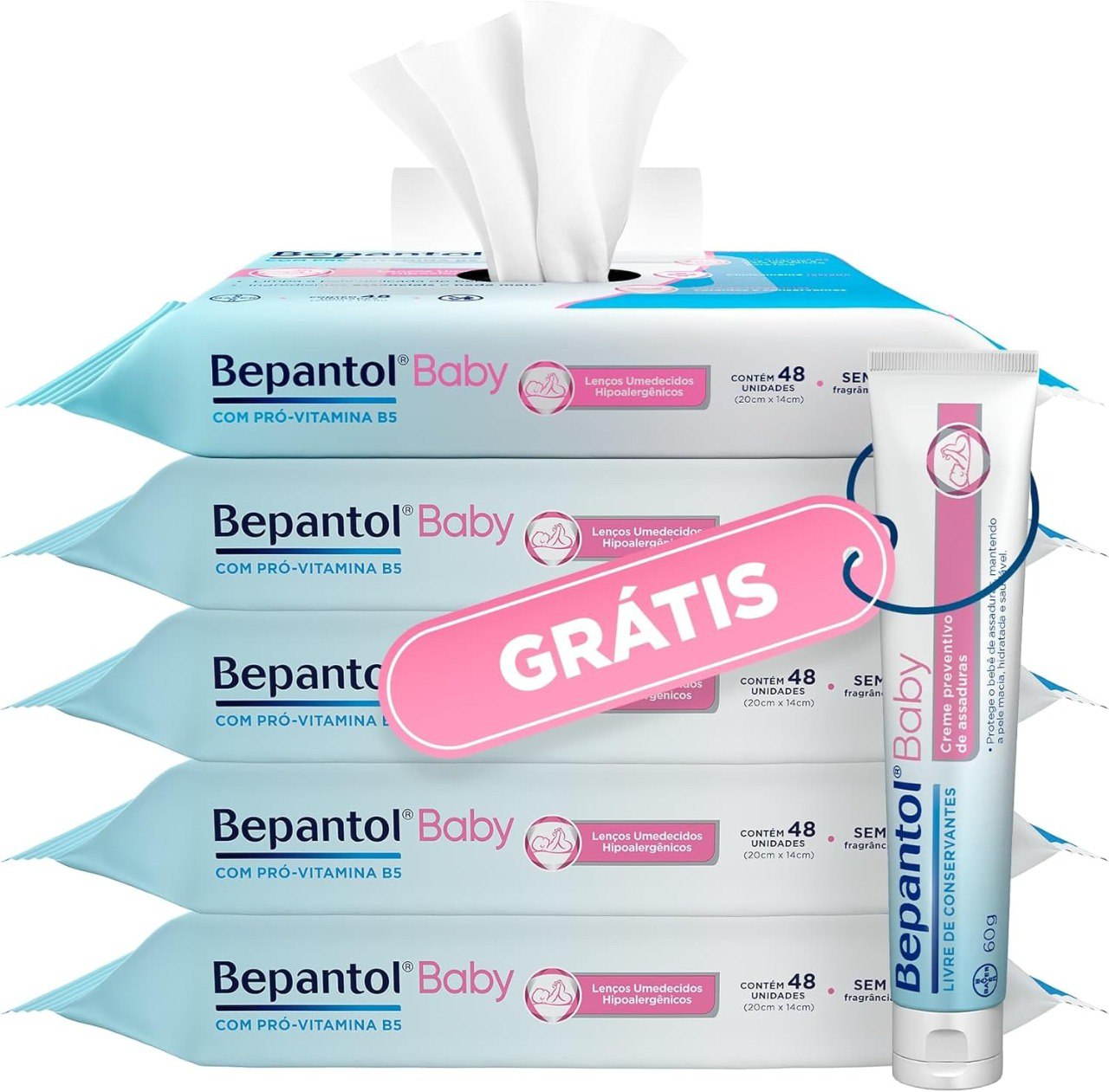 Bepantol Baby Kit, Leve 5 Pacotes de Lenço Umedecido Bepantol e Ganhe Pomada Assadura Bepantol Baby 60G