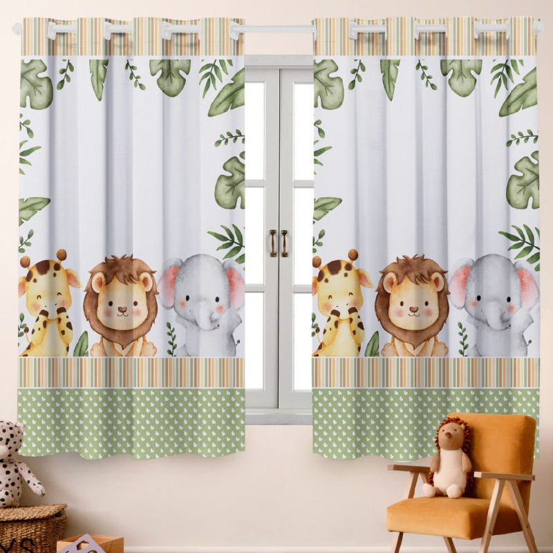 ✨Cortina Estampada Infantil Safari Baby 2,00L x 1,50A (Quarto, Decoração, Bebê, Janela)