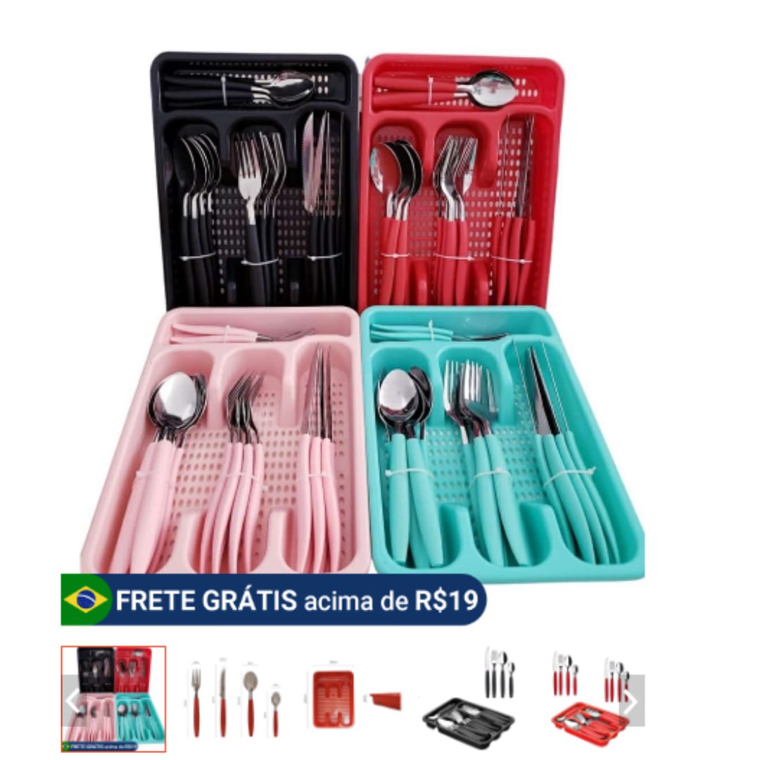 Jogo De Talheres Inox Com 24 Peças + Suporte Gaveteiro