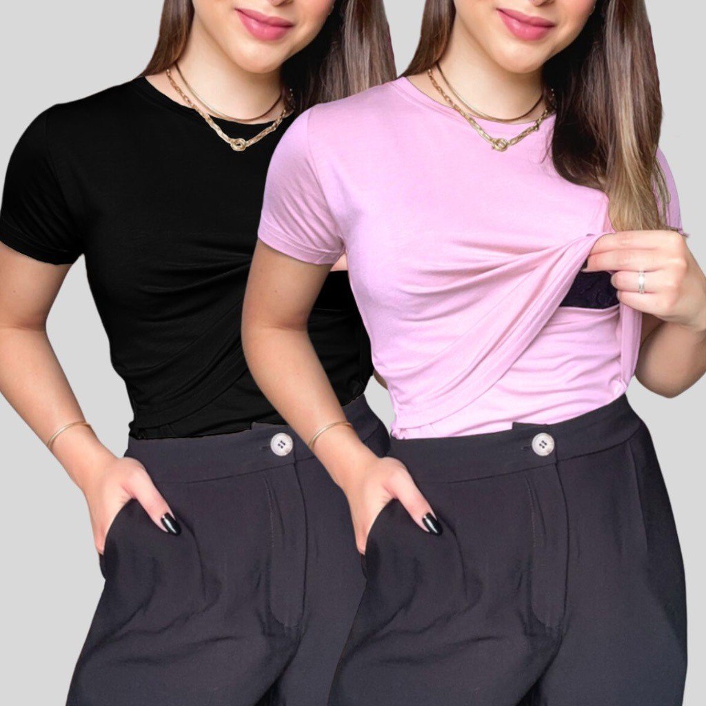 KIT 2 Blusas Amamentação Diversas Cores Premium Camiseta Gestante Grávida Maternidade Amamentar