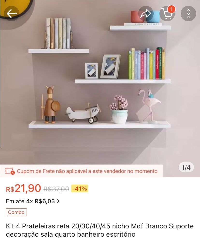 Kit 4 Prateleiras reta 20/30/40/45 nicho Mdf Branco Suporte decoração sala quarto banheiro escritório