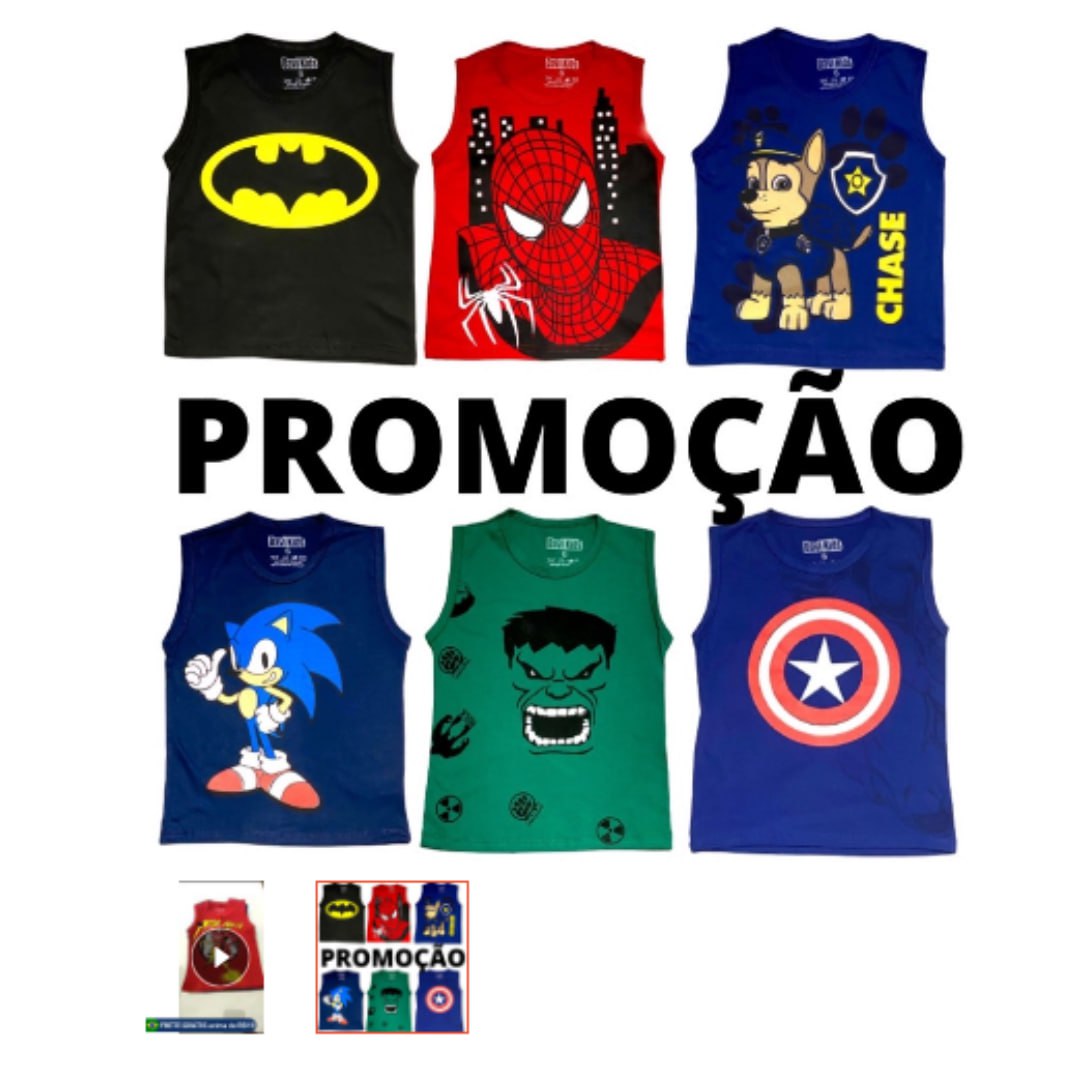 Kit 5 Camiseta Infantil Regata De Personagens