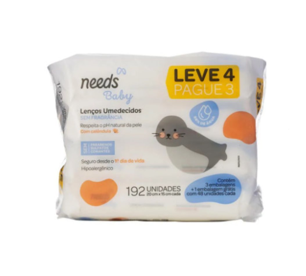 Kit Lenço Umedecido Needs Baby 98% Água Calêndula Sem Fragrância (4 pacotes 48 unidades cada)