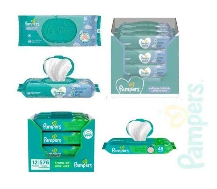 Lenços Umedecidos Pampers Aroma de Aloe Vera ou Cuidado de Bebê - 12 pacotes com 48 lenços cada