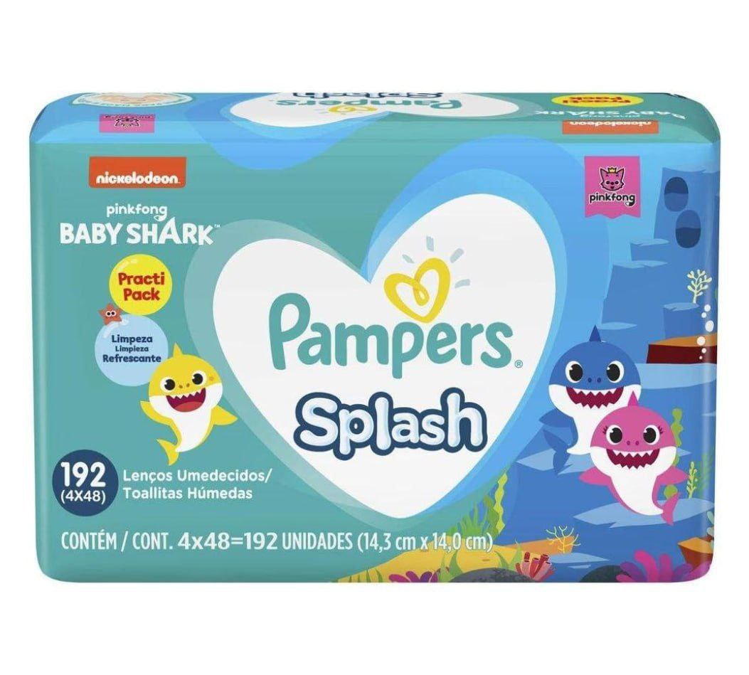 Lenços Umedecidos Pampers Splashers Baby Shark - 192 Lenços (4 Pacotinhos de 48 Unidades Cada)