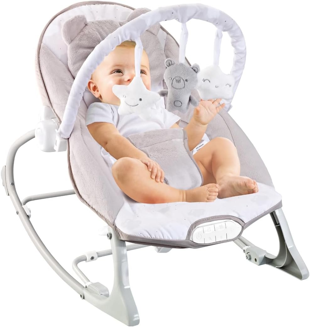 Maxi Baby, Cadeira de Descanso Bebê Musical Sons da Natureza, Caixa Vibratória, Cinto de 3 Pontos, Acompanha Travesseiro, Móbile de Brinquedos Removivel, (Até 18kgs), Polar Bege