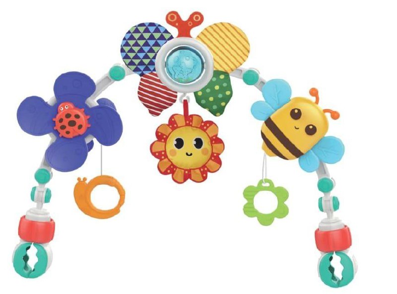 Maxi Baby Móbile Arco com Chocalho Interativo Spring, Encaixe Universal para Carrinho, Berço, Bebê conforto, Cadeiras - Cores Vibrantes e Formatos da Natureza