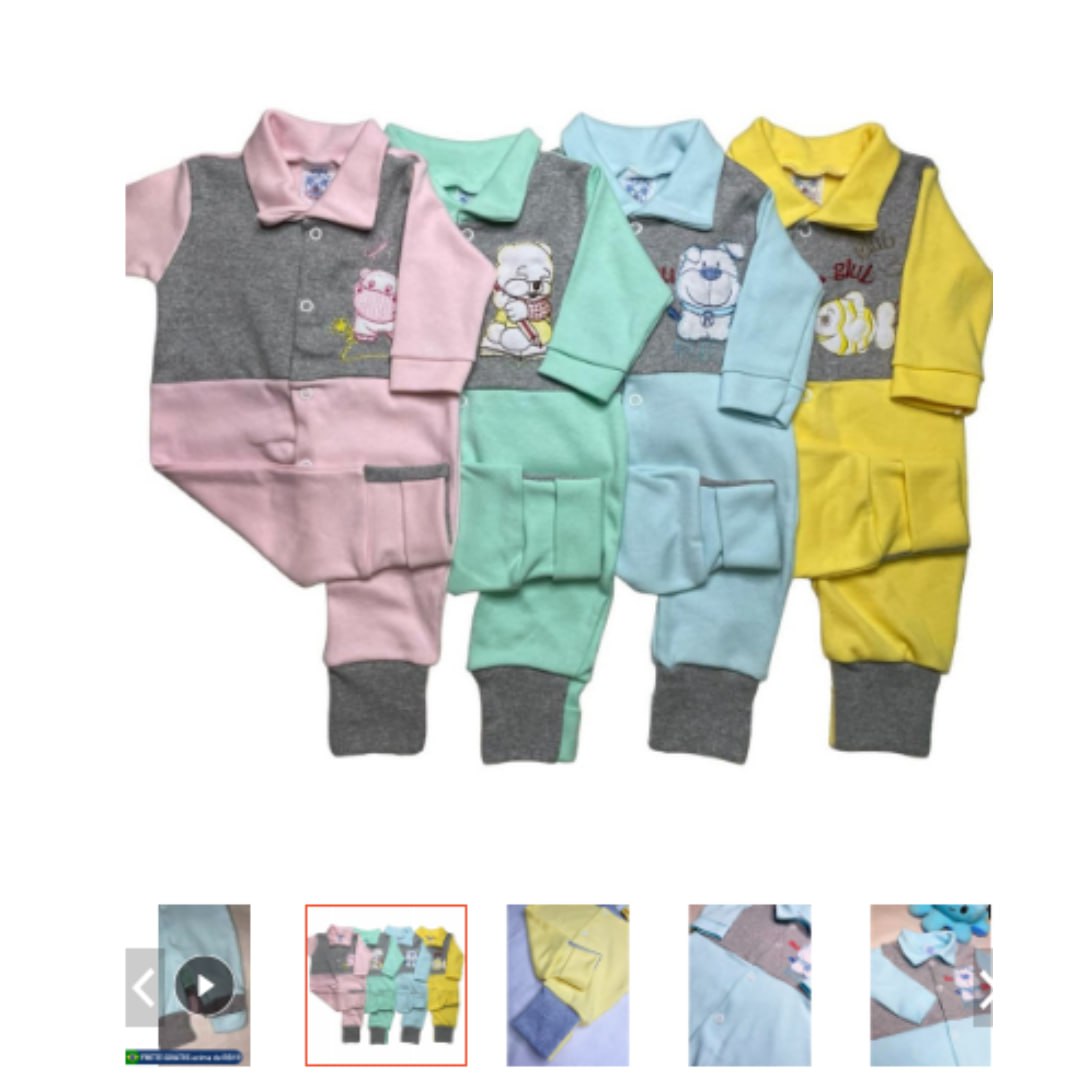 Roupa de bebê macacão suedine bordado 100% algodão vira pé menino e menina