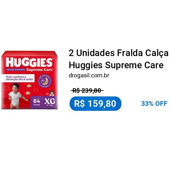 2 Unidades Fralda Calça Huggies Supreme Care Roupinha Disney Baby XG 64 unidades